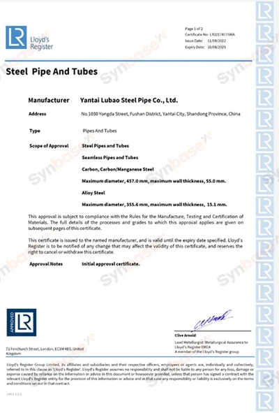 Lubao Steel Pipe — Lloyd’s Register certificate