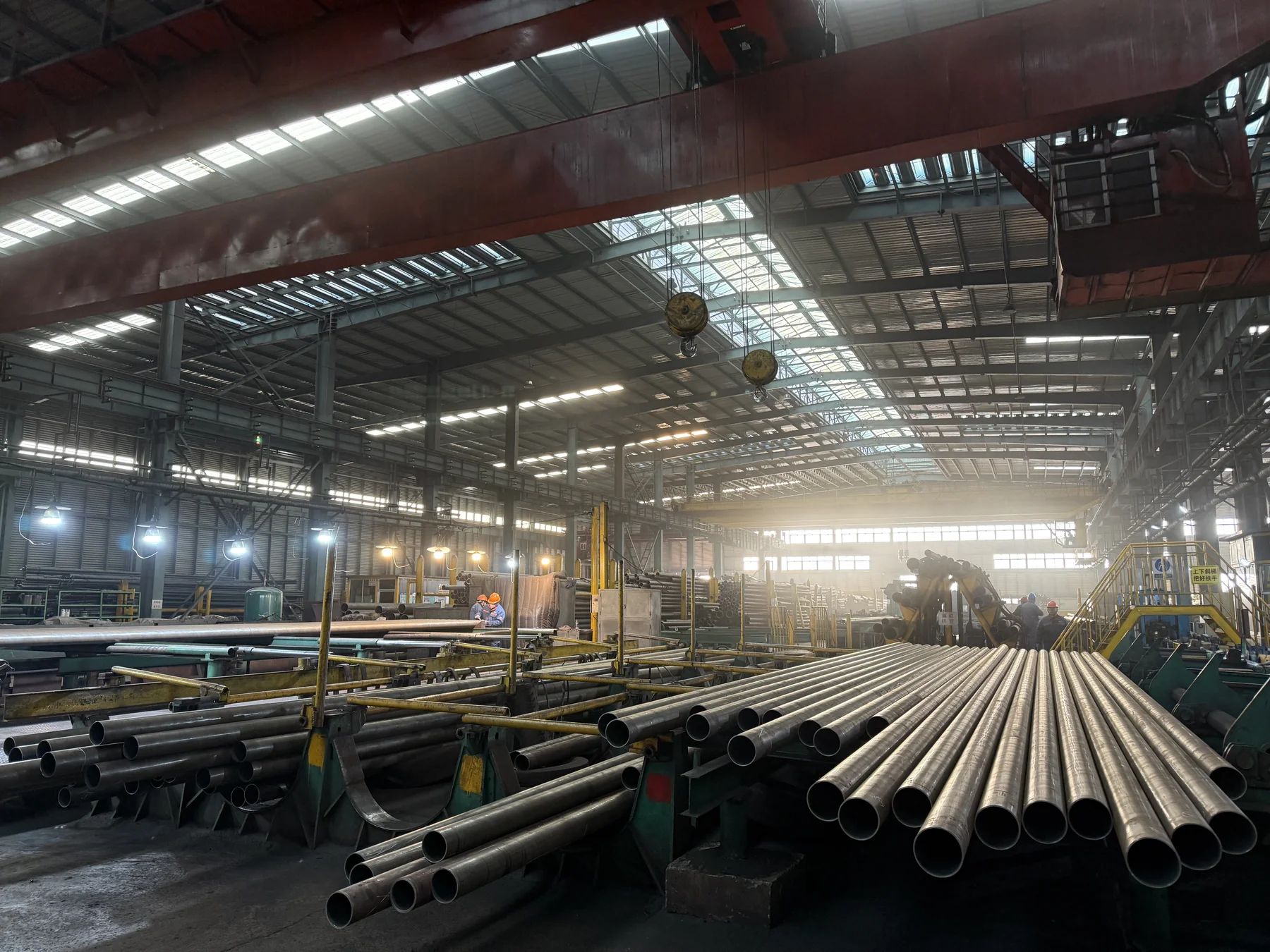 Finished steel pipes and handling area